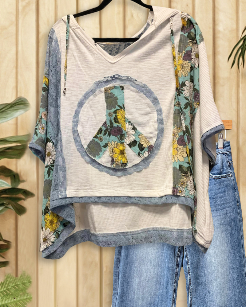 Floral Print & Lace Mixed Patchwork Stylish Peace Applique Blouse-S.fashion