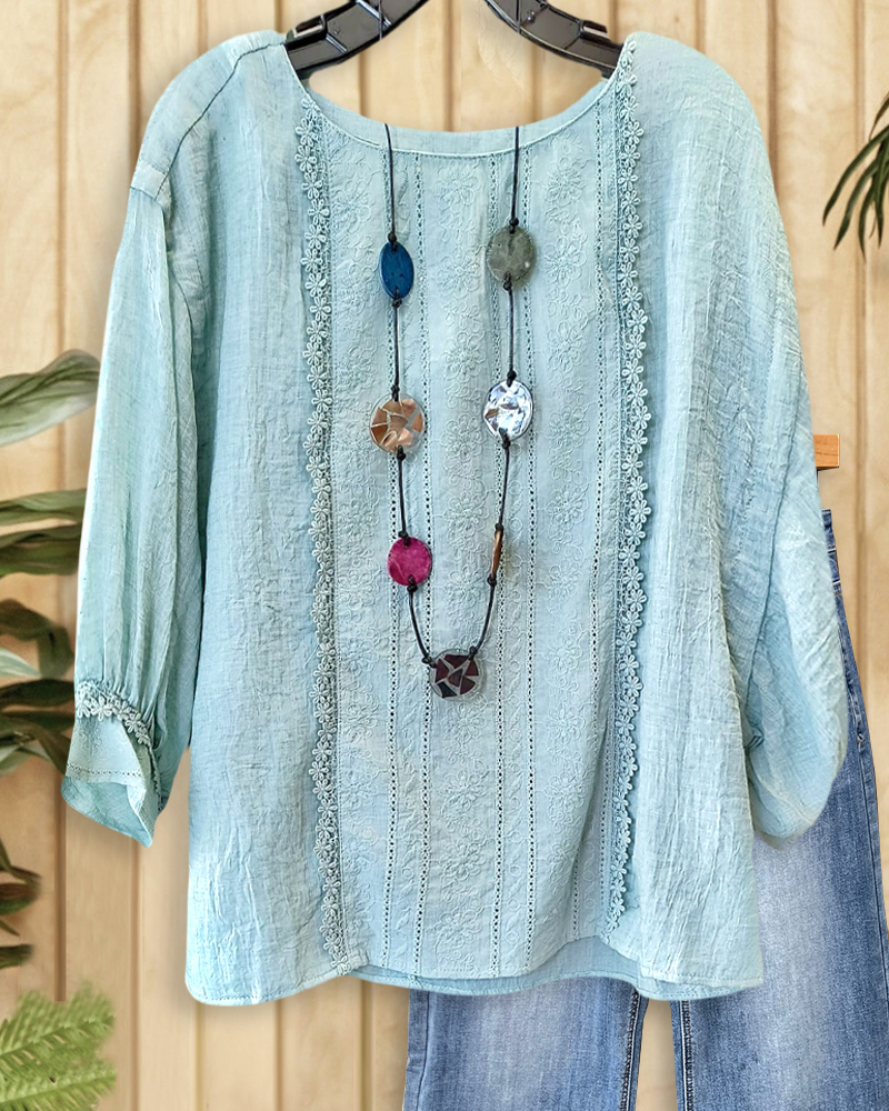 Solid Color Floral Embroidery Versatile Round Neck Blouse-S.fashion