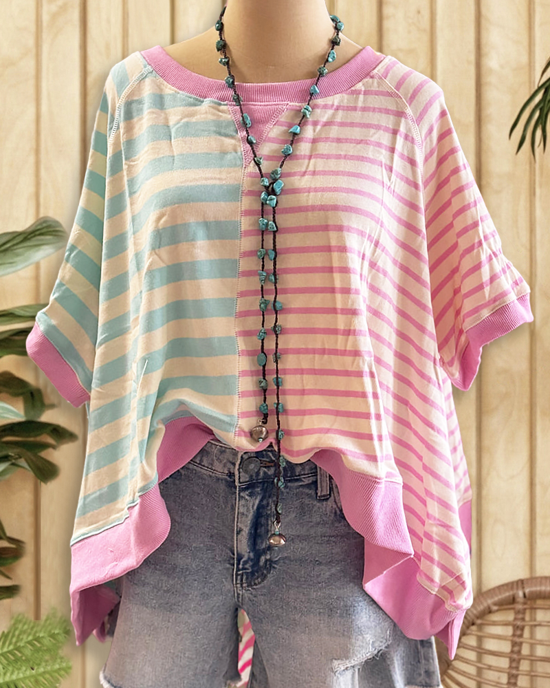 Hit Color Striped Patchwork Casual Round Neck T-Shirt-S.fashion