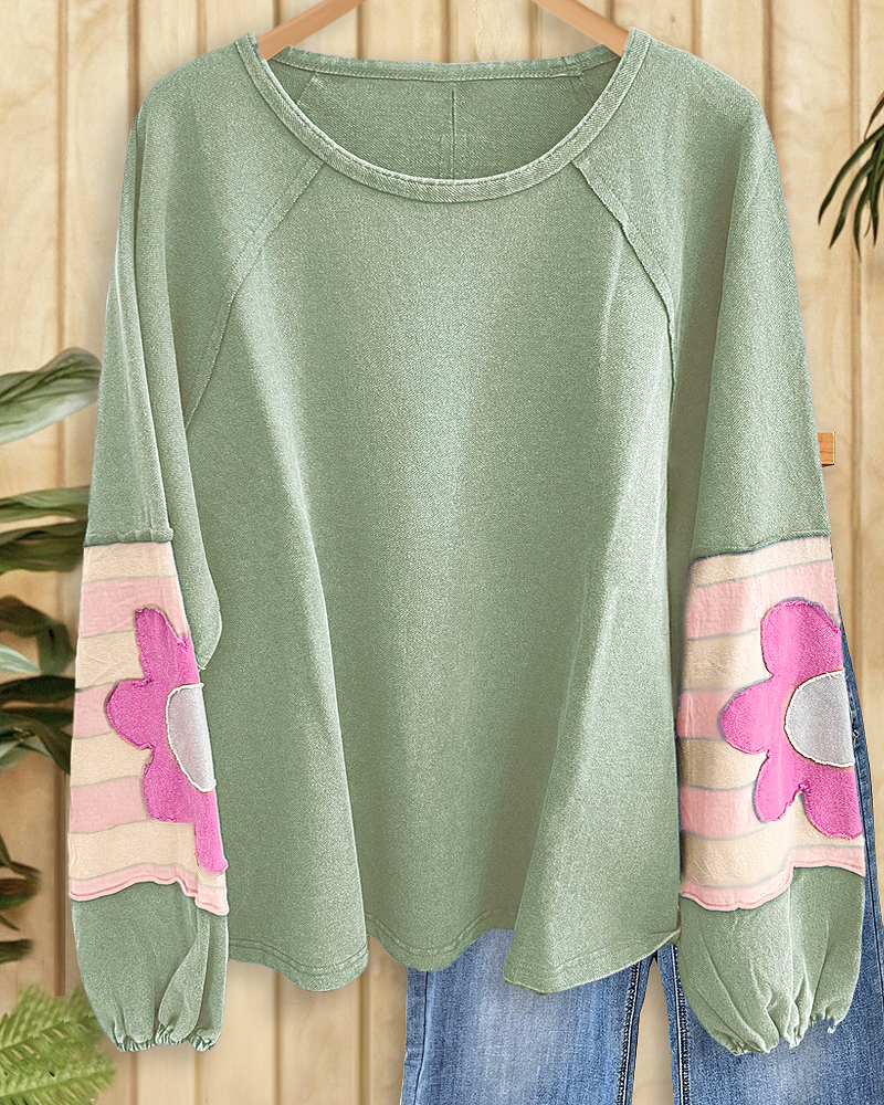 Flower Applique Unique Patchwork Sweatshirt-S.fashion