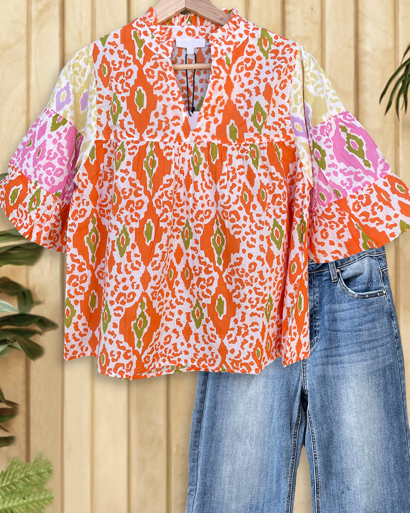 Graphic Print Modern V Neck Tiered T-Shirt-S.fashion