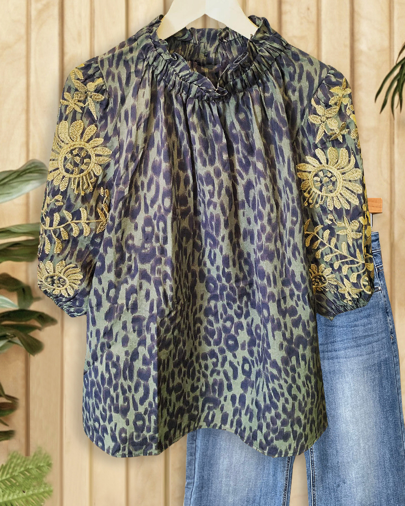 Floral Embroidery Puff Sleeve On-trend Leopard Print T-Shirt-S.fashion