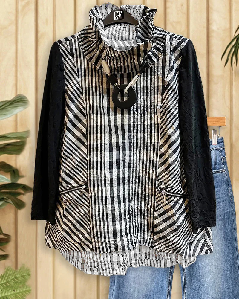 Patchwork Mixed Striped Print Chic Pocket Blouse-S.fashion