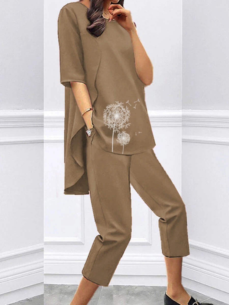 Loose Short Sleeve Casual Printed Seven-Piece Two-Piece Suit-S.fashion
