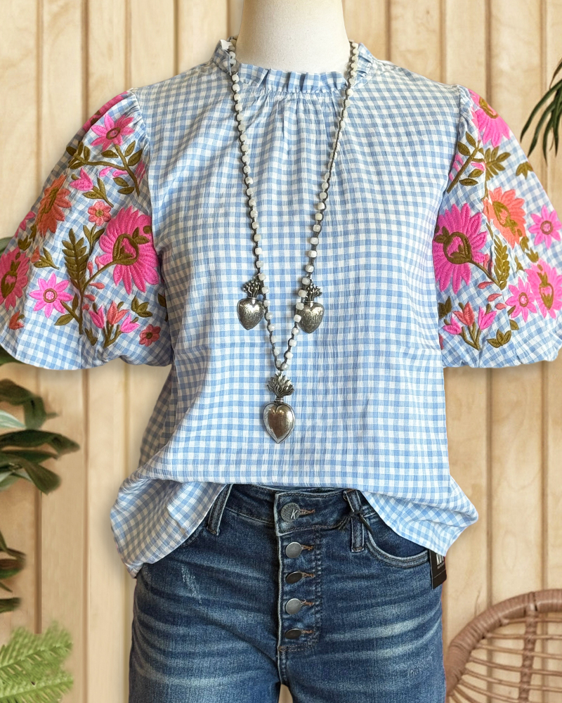 Checked Feminine Floral Embroidery Puff Sleeve T-Shirt-S.fashion