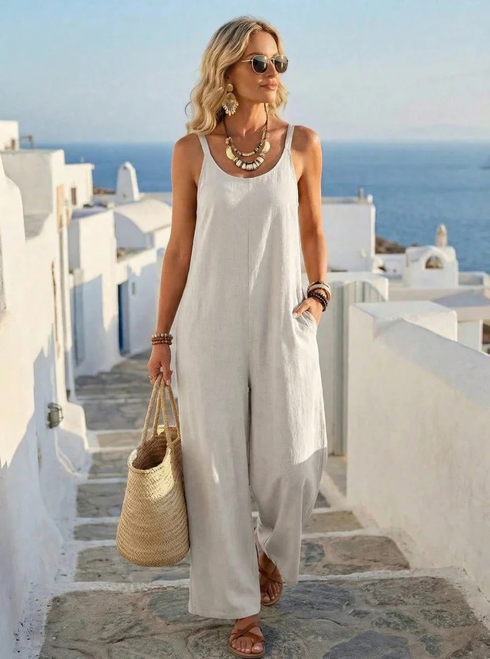 Plain U-Neck Sleeveless Summer Going Out Casual Jumpsuit-S.fashion