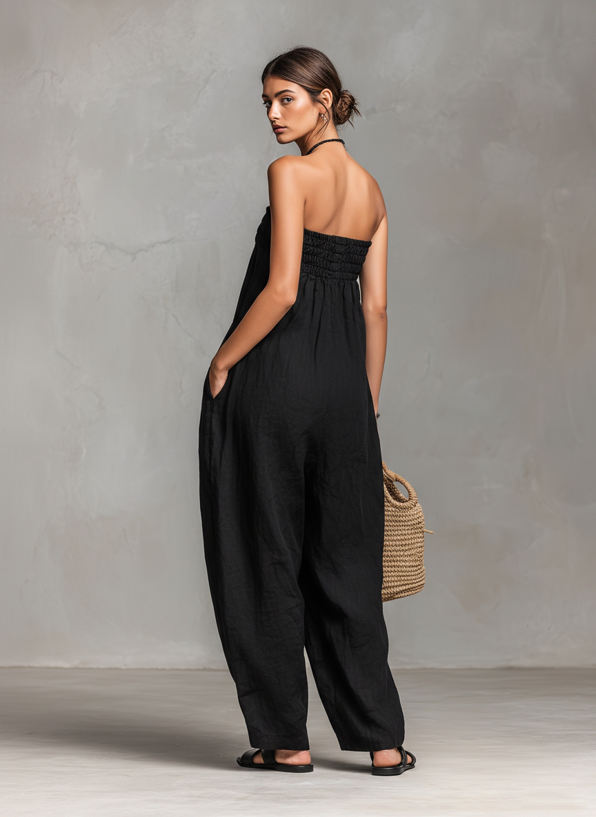 Women's Minimalist Loose-fitting Linen Blend Strapless Jumpsuit With Tie Closure MDZ2024A9Y-S.fashion