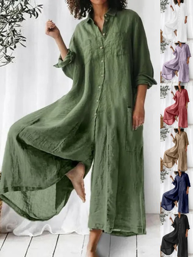 Women Plain Shawl Collar Long Sleeve Casual Spring/Fall Cotton-Blend Jumpsuit-S.fashion