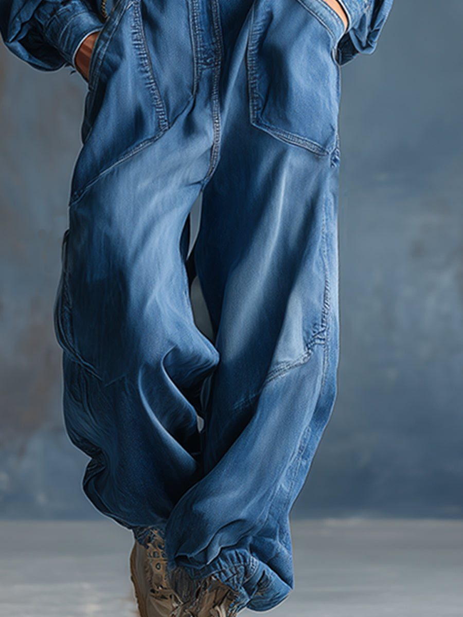 Casual Loose-fit Hooded Blue Denim Button-front Long-sleeved Jumpsuit-S.fashion