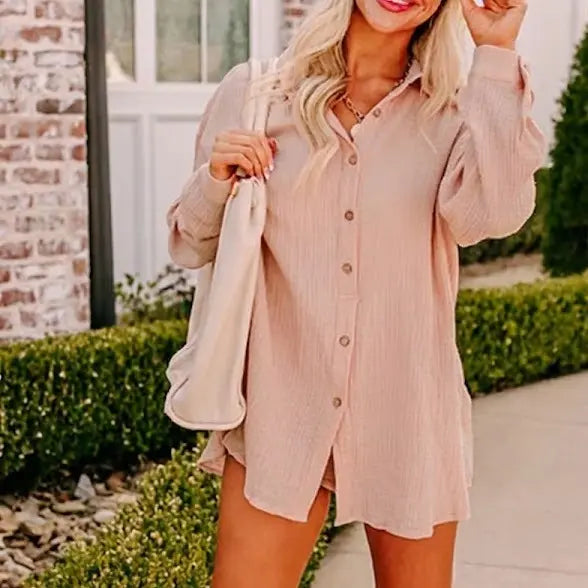 Women's Gauze Button Long-Sleeved and Shorts Set-S.fashion