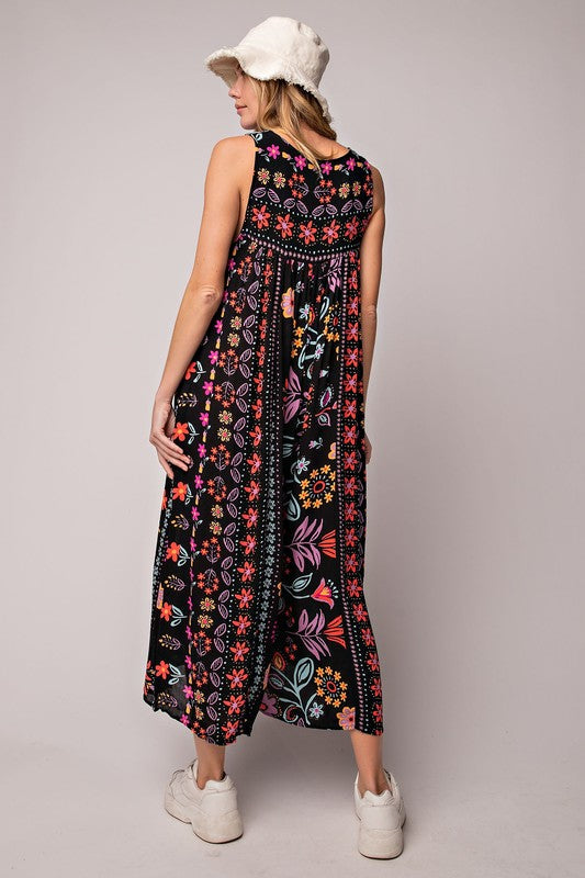 Vintage floral print loose sleeveless jumpsuit-S.fashion