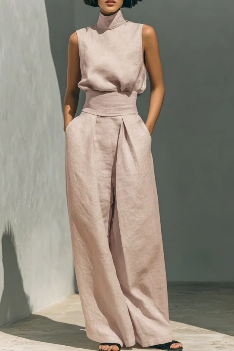 Women's Minimalist Cotton And Linen Blend Sleeveless Blouse And Wide-leg Pants Set