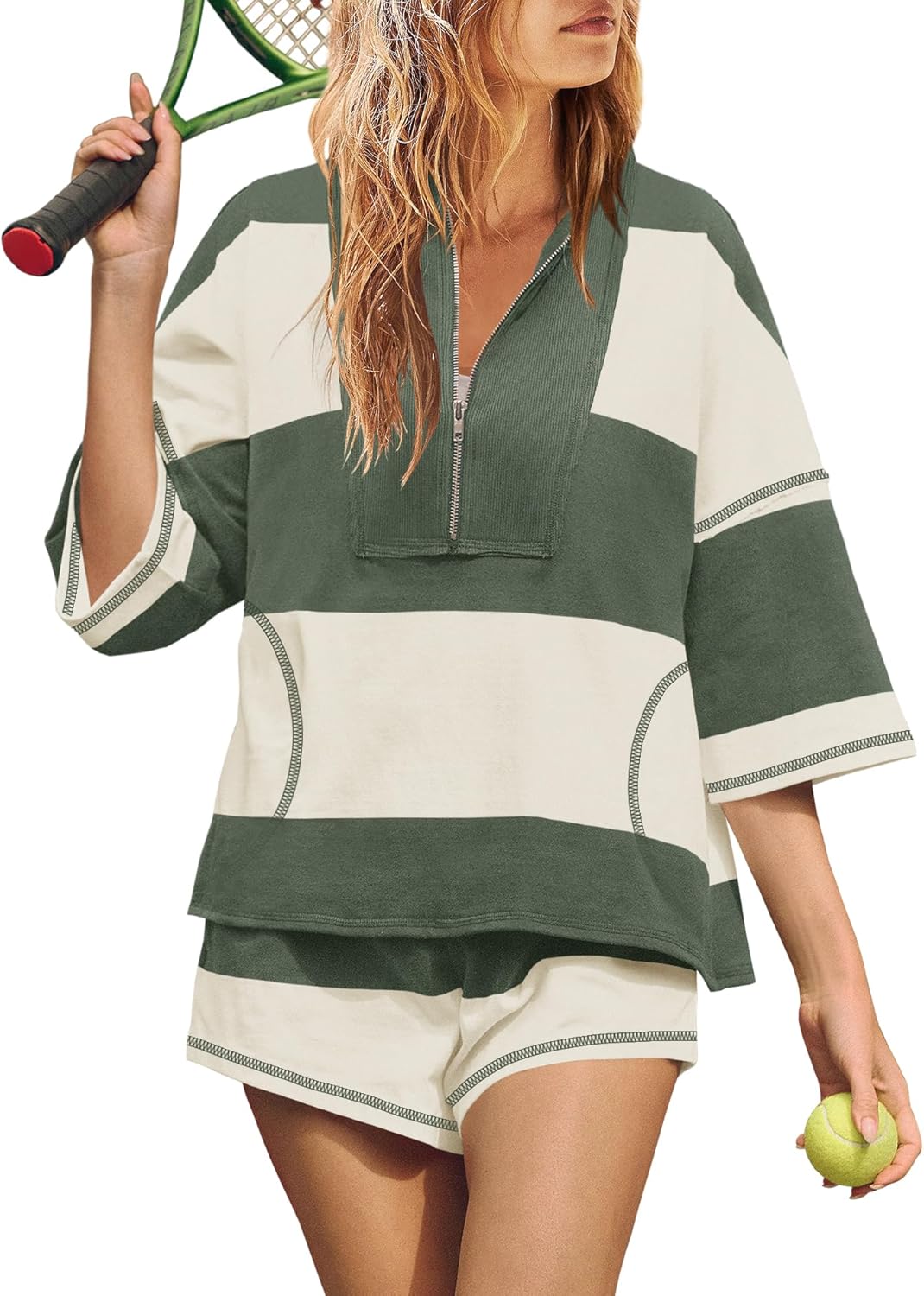Women's Quarter Zip Color Block Top & Shorts Matching Set-S.fashion