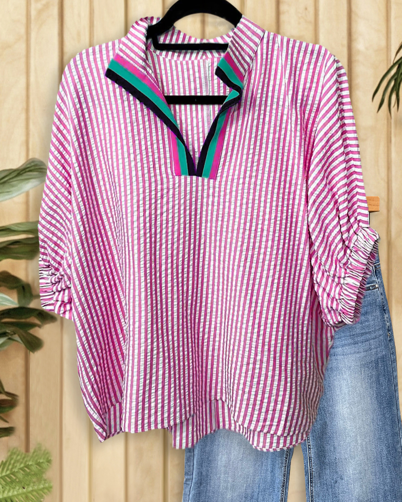 Striped Cozy Batwing Sleeve Blouse-S.fashion