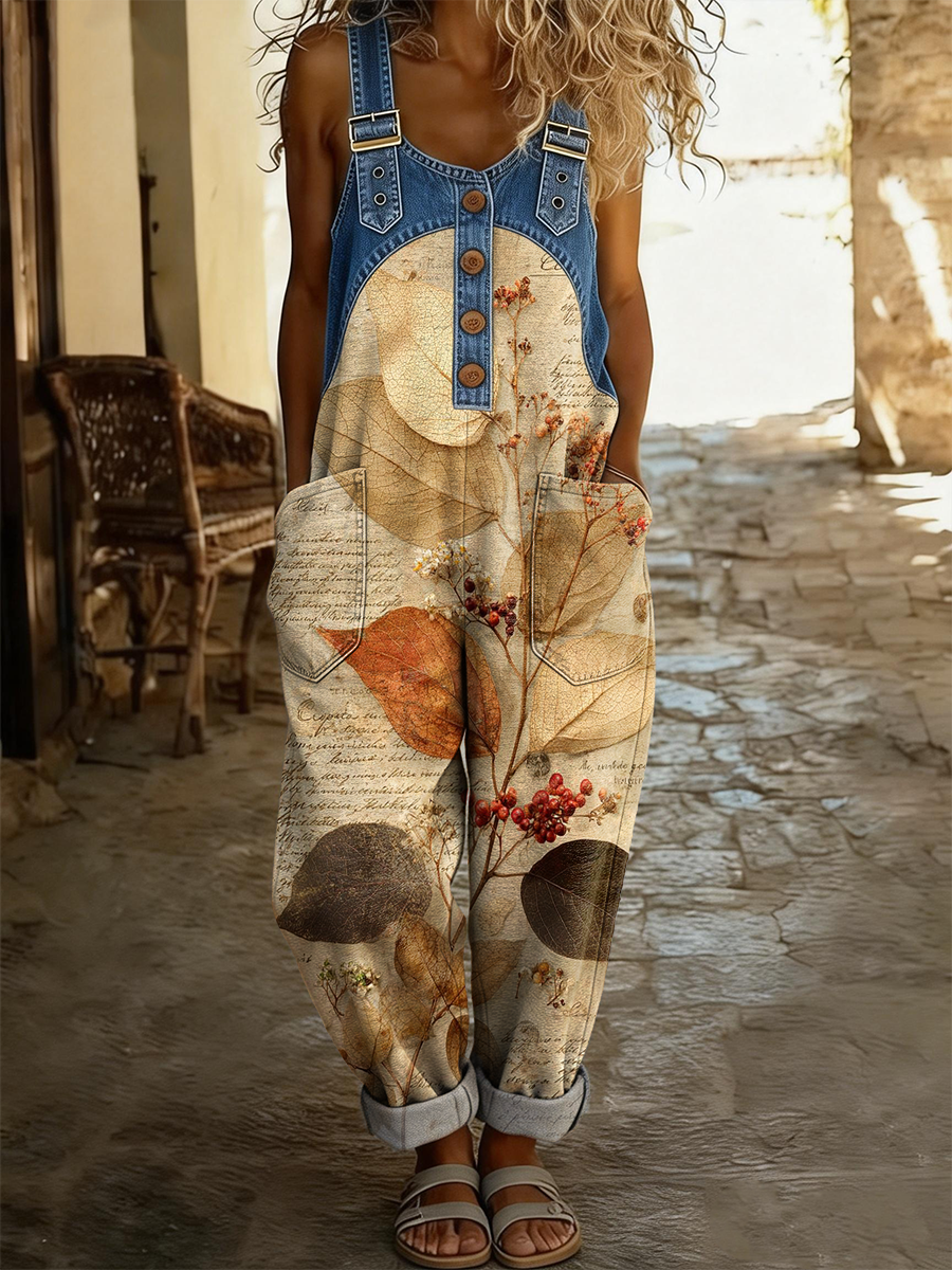 Women's Retro Floral Art Print Casual Strappy Denim Jumpsuit-S.fashion