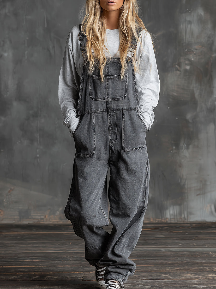 Casual Western Grey Denim Loose Multi-Pocket Jumpsuit Overalls-S.fashion