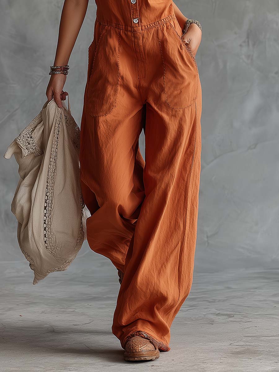 Casual Fashion Western V-neck Front-button Sleeveless Rust-orange Denim Jumpsuit-S.fashion