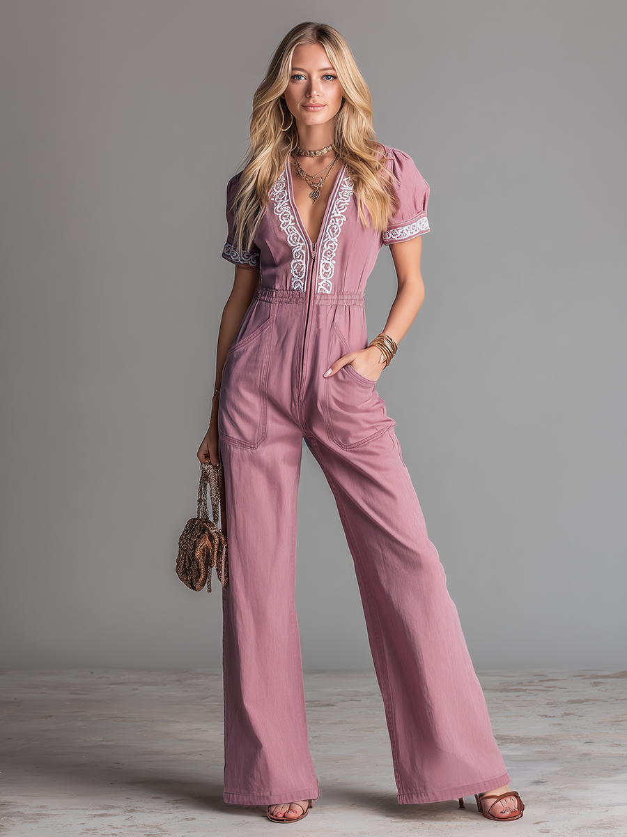 Stylish And Beautiful V-neck Embroidered Zipper Short-sleeved Jumpsuit-S.fashion