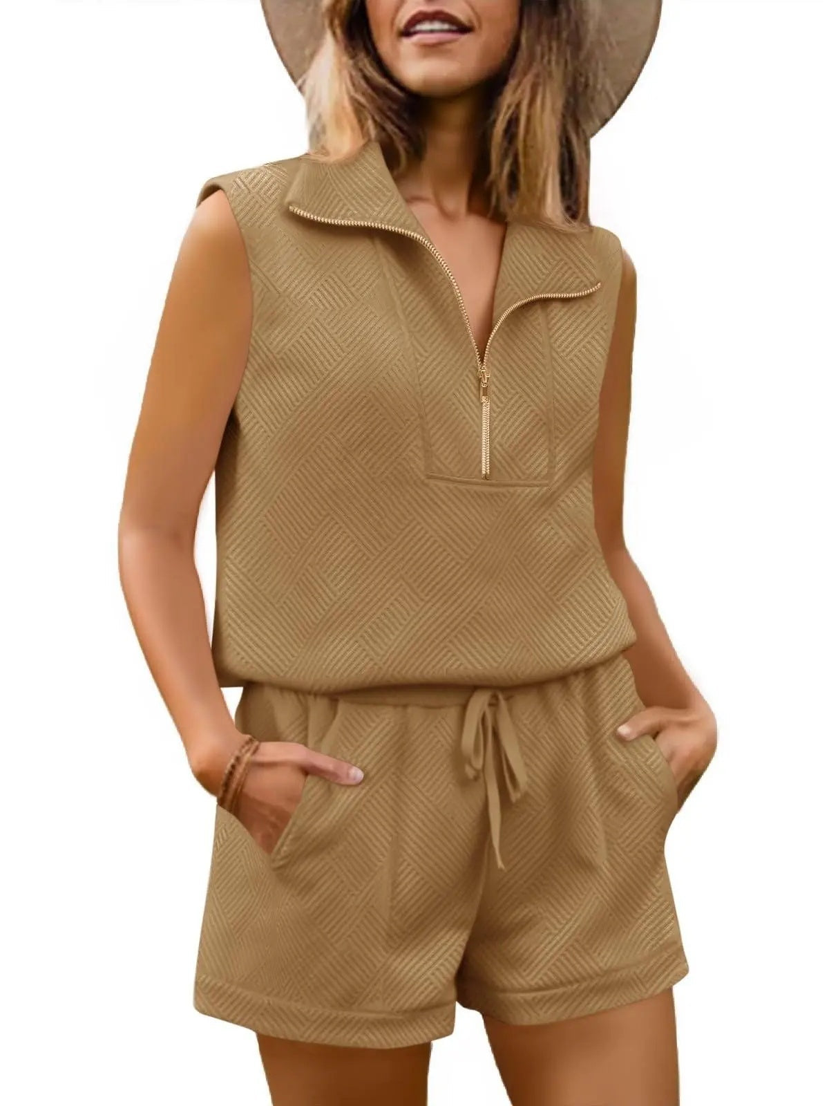 Womens 2 Piece Outfits  extured Quarter-Zip Sleeveless Tops with Shorts-S.fashion