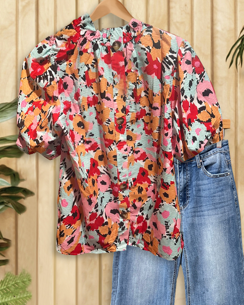 Multicolor Floral Print Rocking Puff Sleeve T-Shirt-S.fashion