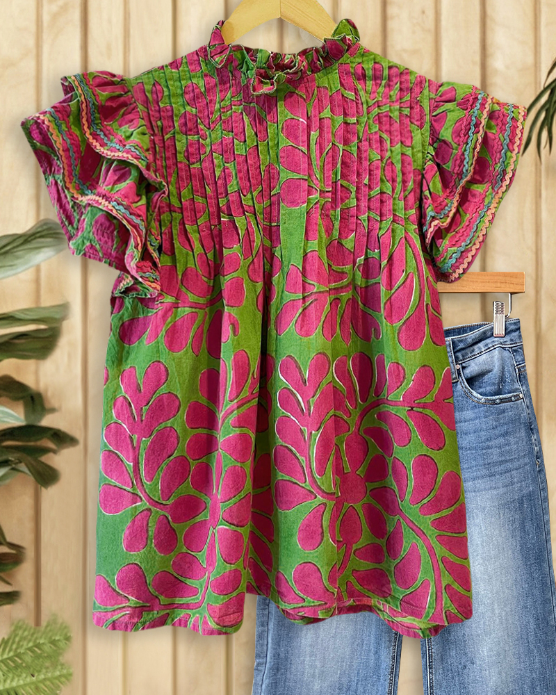 Floral Print Cute Tiered Sleeve Pleated Blouse-S.fashion