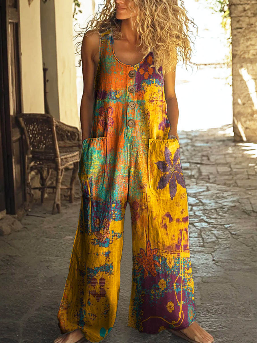 Women's Vintage Contrast Floral Prints Casual 100% Cotton Wide Leg Jumpsuit-S.fashion