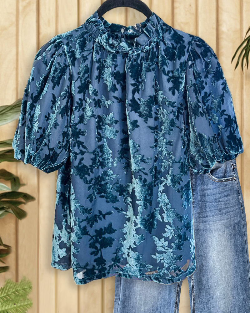 Velvet Floral Burn-Out Elegant Puff Sleeve T-Shirt-S.fashion