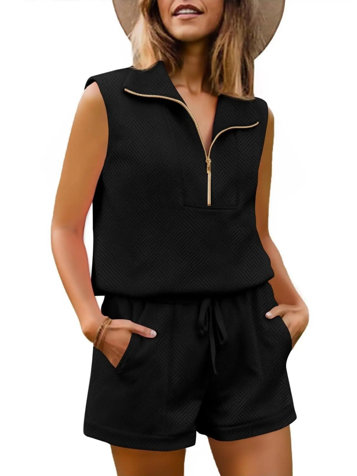 Womens 2 Piece Outfits  extured Quarter-Zip Sleeveless Tops with Shorts-S.fashion
