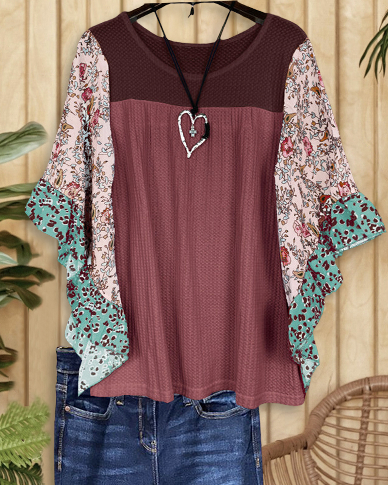 Mixed Floral Print Sleeve Tee-S.fashion