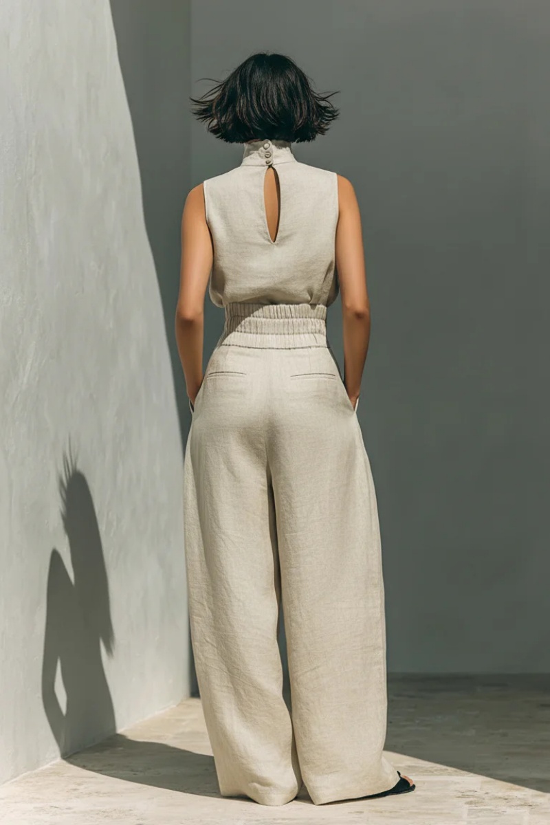 Women's Minimalist Cotton And Linen Blend Sleeveless Blouse And Wide-leg Pants Set