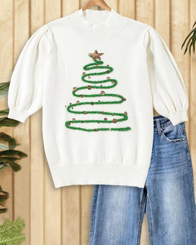 Sequined Decor Christmas Tree Cute Puff Sleeve Sweater-S.fashion