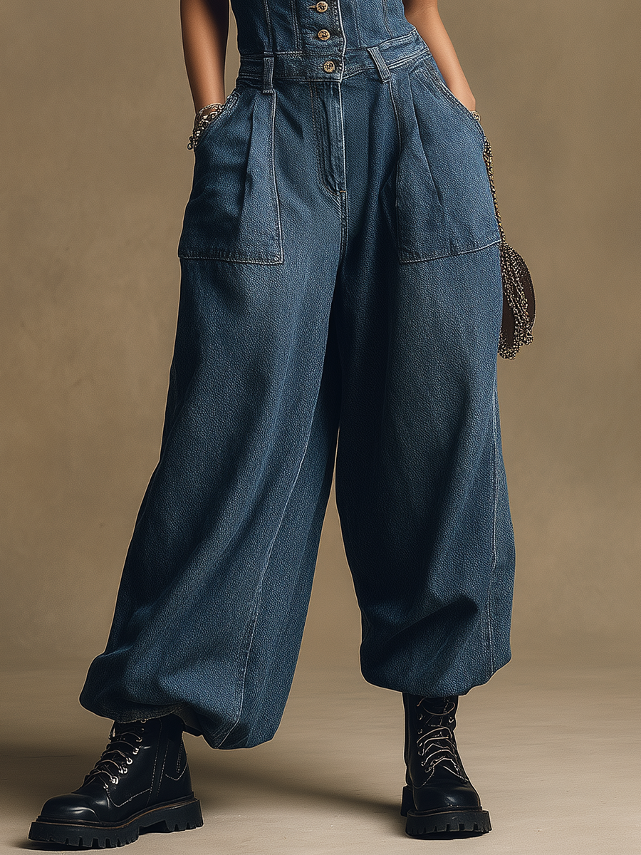 Retro Sporty V-neck Sleeveless Single-breasted Denim Jumpsuit-S.fashion
