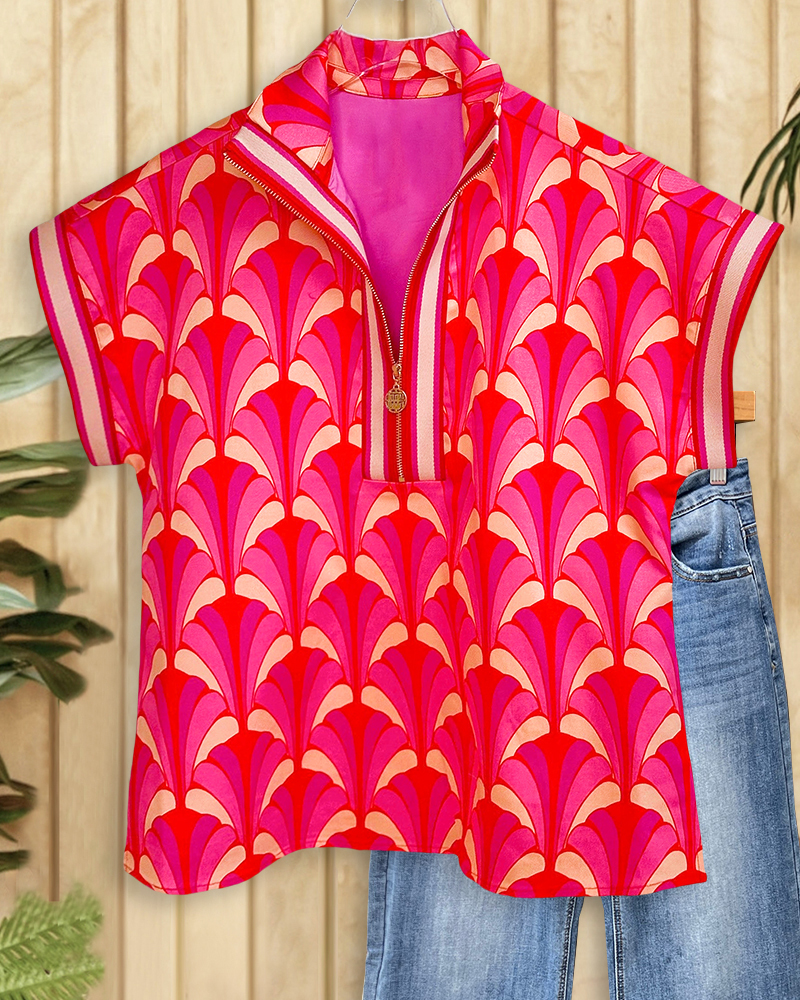 Graphic Print On-trend Zipper Collar Blouse-S.fashion