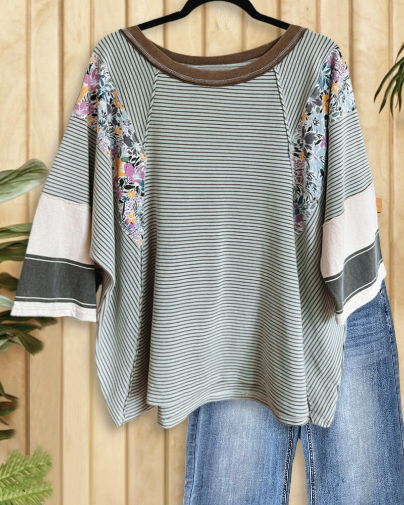 Striped & Floral Print Mixed Patchwork Laid Back T-Shirt-S.fashion