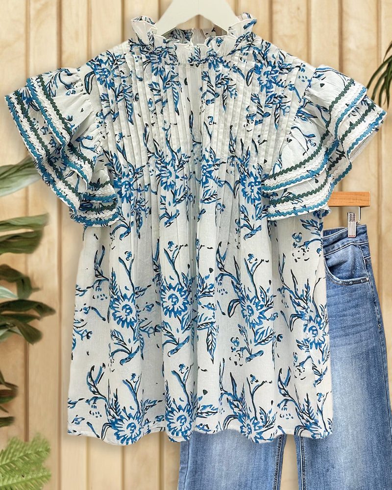 Vintage Floral Print Elegant Ruffles Pleated Detail Camisole-S.fashion