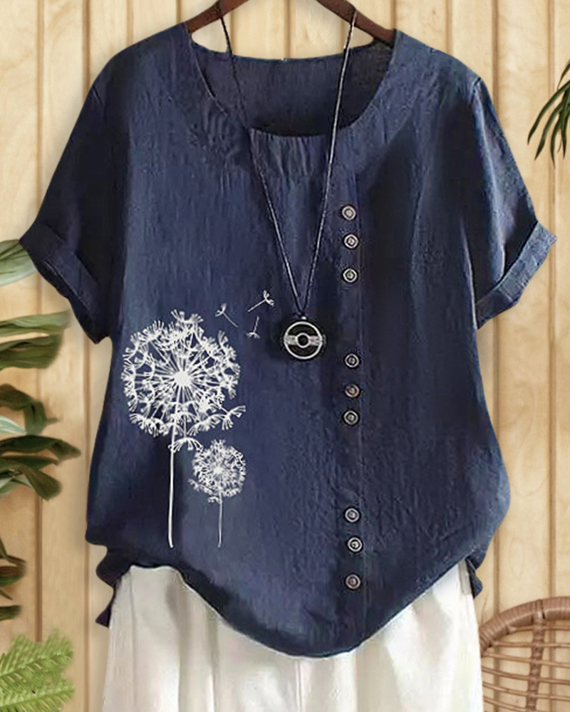 Dandelion Print Cozy Round Neck T-Shirt-S.fashion