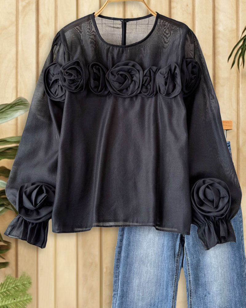 Solid Color 3D Flower Decor Pretty Round Neck Blouse-S.fashion