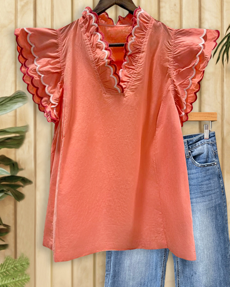 Hit Color Playful Scalloped Tiered Sleeve Blouse-S.fashion