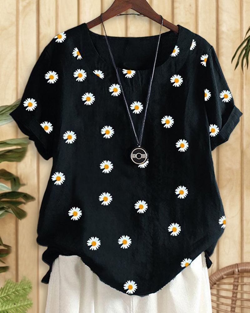 Daisy Print Relaxed Scoop Neck T-Shirt-S.fashion
