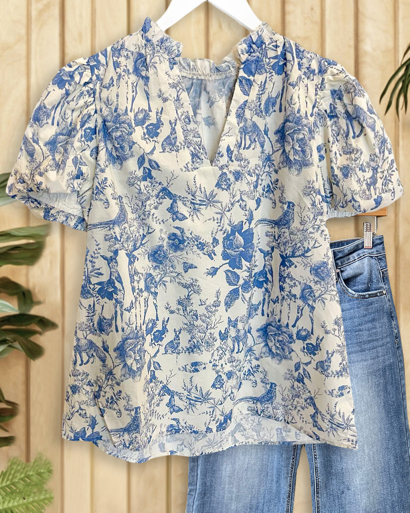 Animal & Floral Mixed Print Chic V Neck Blouse-S.fashion