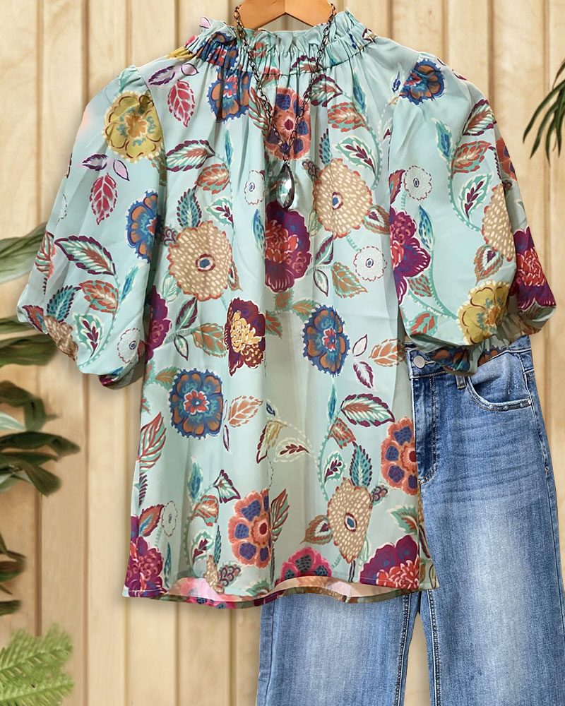 Floral Print Feminine Puff Sleeve Camisole-S.fashion
