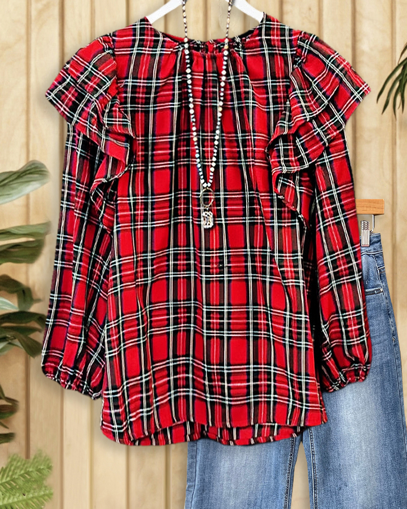 Plaid Pretty Ruffle Shoulder Lantern Sleeve Blouse-S.fashion