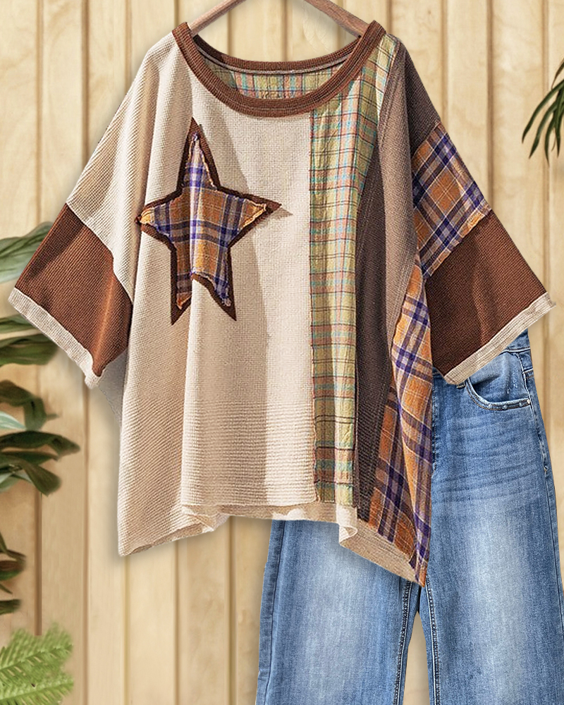 Plaid Patchwork Casual Star Applique Color Block Blouse-S.fashion