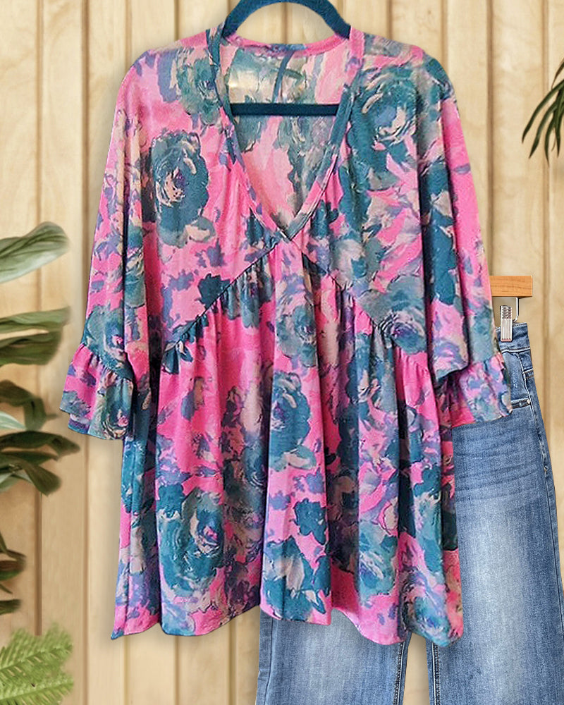 Floral Print Ruffle Sleeve V Neck Floaty Blouse-S.fashion