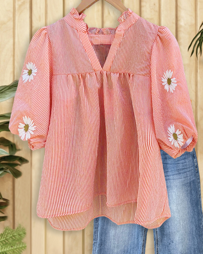 Floral Embroidery Striped Smart Puff Sleeve T-Shirt-S.fashion