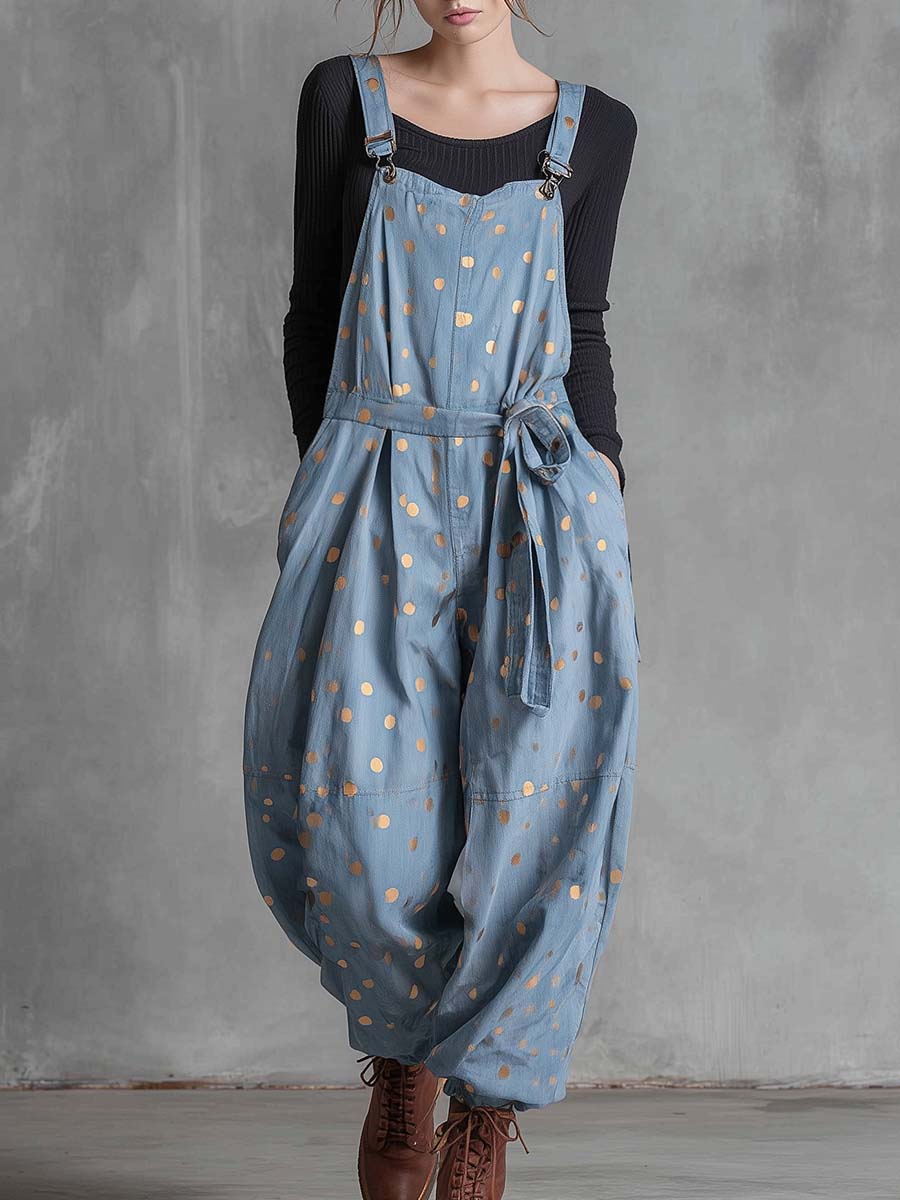 Vintage Fashion Waist Tie  Gold Polka Dots Light Blue Denim Jumpsuit Overalls-S.fashion