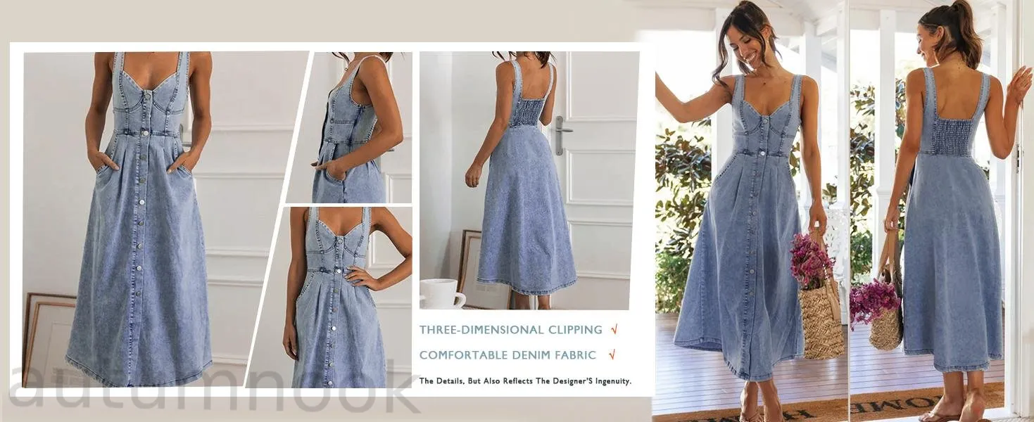 utcoco Women's Sleeveless Denim Midi Dress, Slim-Fit Button-Down Casual Fashion Apparel for Ladies, Style