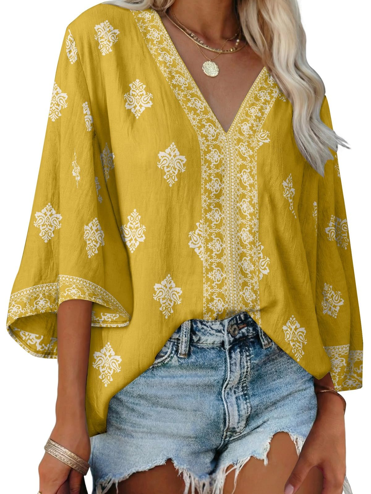 Women's Boho Embroidered V-Neck 3/4 Sleeve Blouse-S.fashion