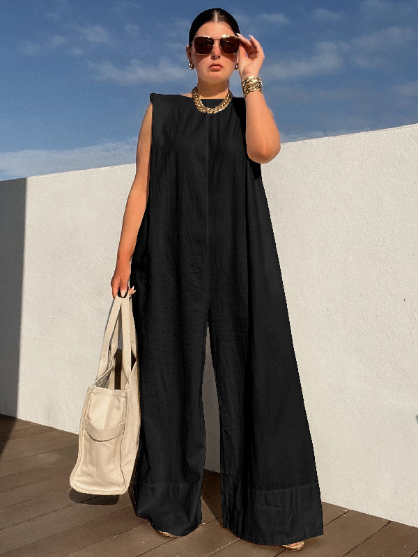Sleeveless Wide Leg Shoulder Pad Solid Color Jumpsuits-S.fashion