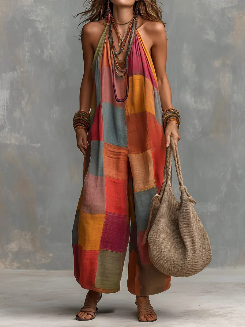 Women's Colorful Patchwork Print Halter Wide Leg Jumpsuit-S.fashion